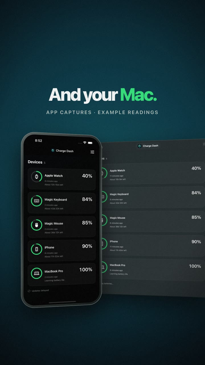 The Charge Dash iPhone app in front of the Mac app, both listing the same five batteries