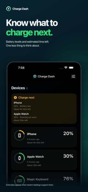 Charge Dash on iPhone showing battery levels with estimated time left for each device