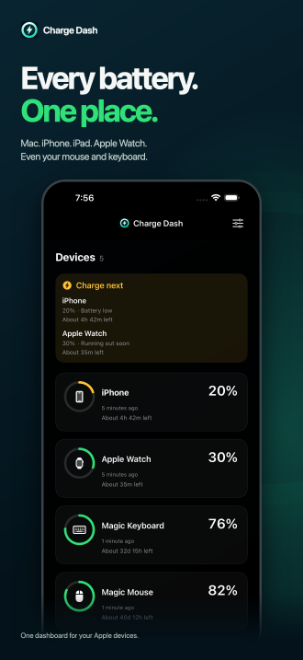 Charge Dash on iPhone listing five batteries, with iPhone and Apple Watch called out as the next to charge