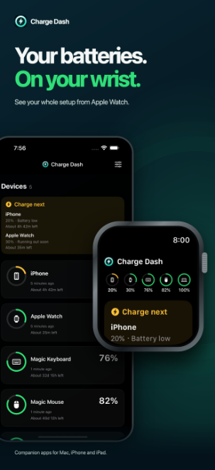Charge Dash on iPhone beside the Apple Watch app showing the same battery readings