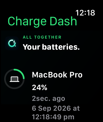 The Charge Dash Watch dashboard with example battery readings